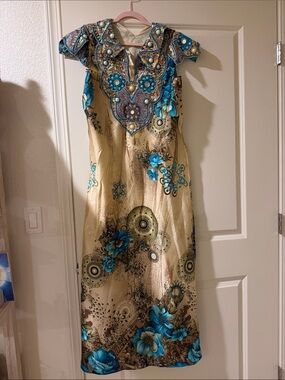 Gold Maxi Dress with Teal Floral Embellishment